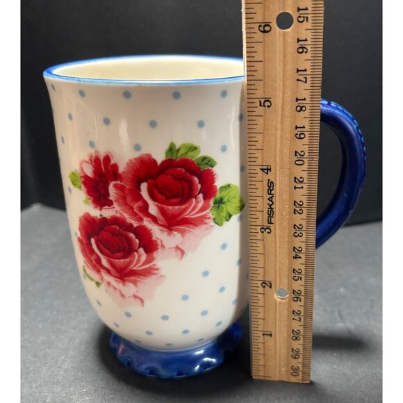 Pioneer Women Heritage Coffee Mug Floral Red Rose With Blue Handle & Base - Picture 9 of 9
